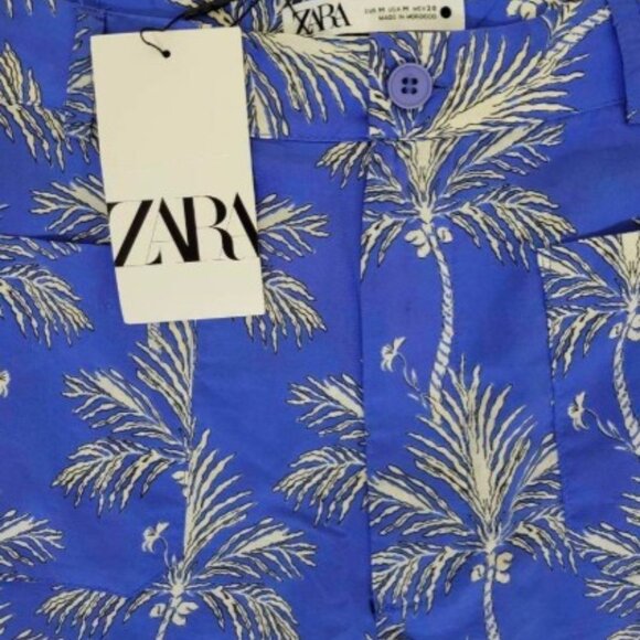 NWT ZARA HIGH WAISTED PALM TREE BLUE PANTS Large Size - Picture 2 of 3